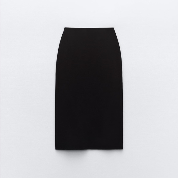 Zara Black High waisted Knit Midi Pencil Skirt elastic waistband Back Slit S NWT - Picture 8 of 16